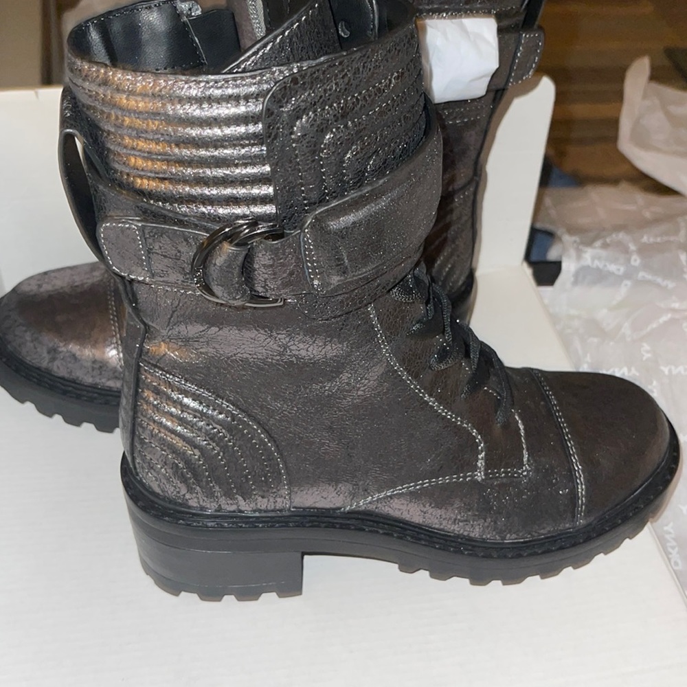NIB DKNY GUNMETAL COMBAT BOOTS SIZE 6 1/2